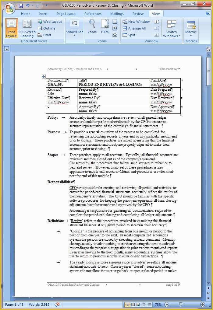Accounting Policies and Procedures Template Free Of Period End Review and Closing Procedure Word Template