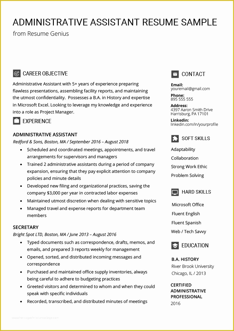 Administrative Resume Templates Free Of Administrative assistant Resume Example & Writing Tips
