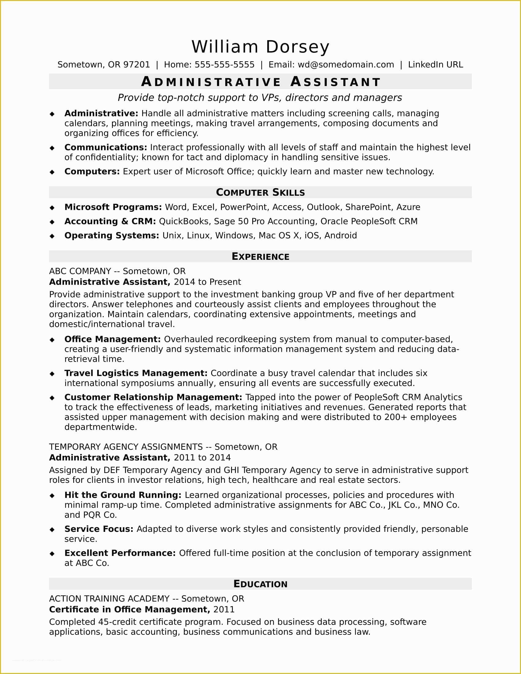 Administrative Resume Templates Free Of Midlevel Administrative assistant Resume Sample