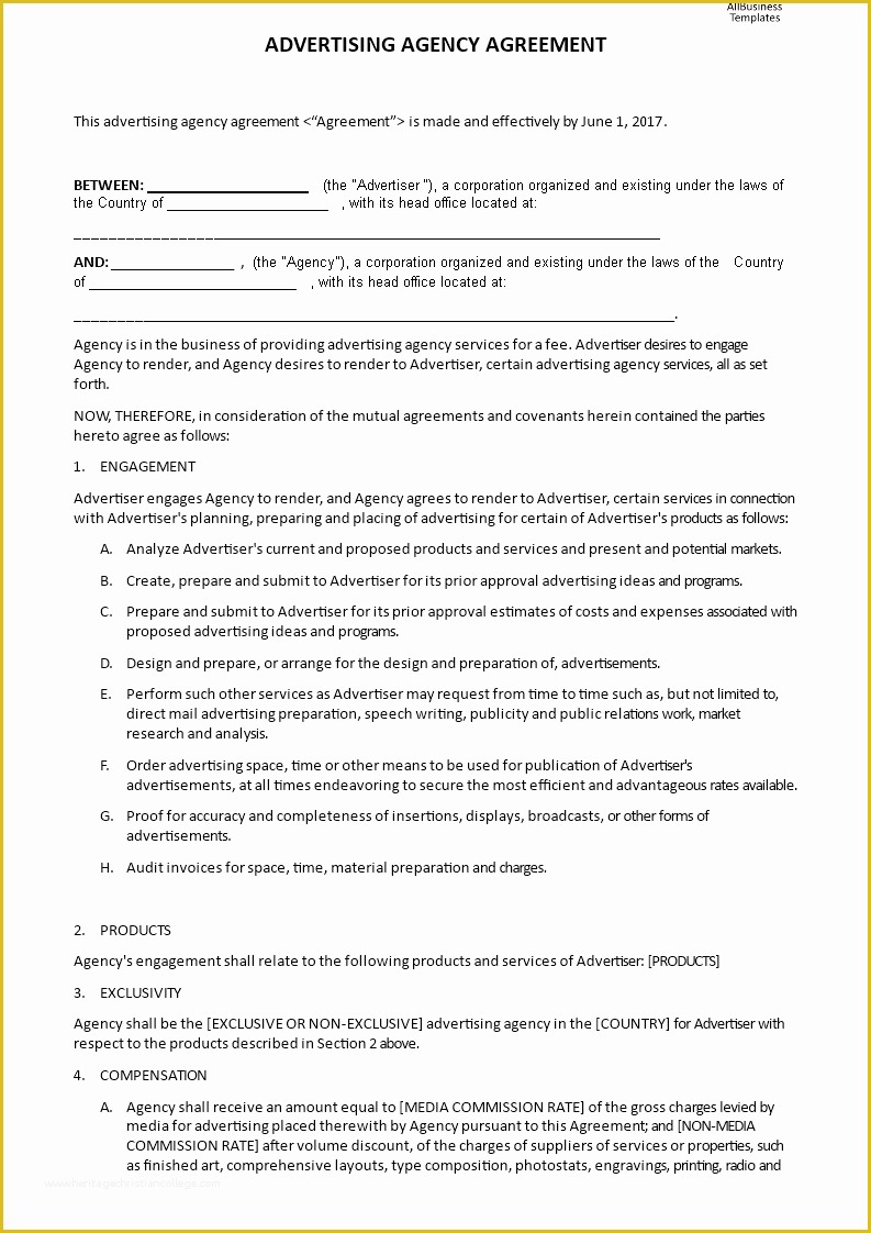 Advertising Contract Template Free Of Advertising Agency Agreement