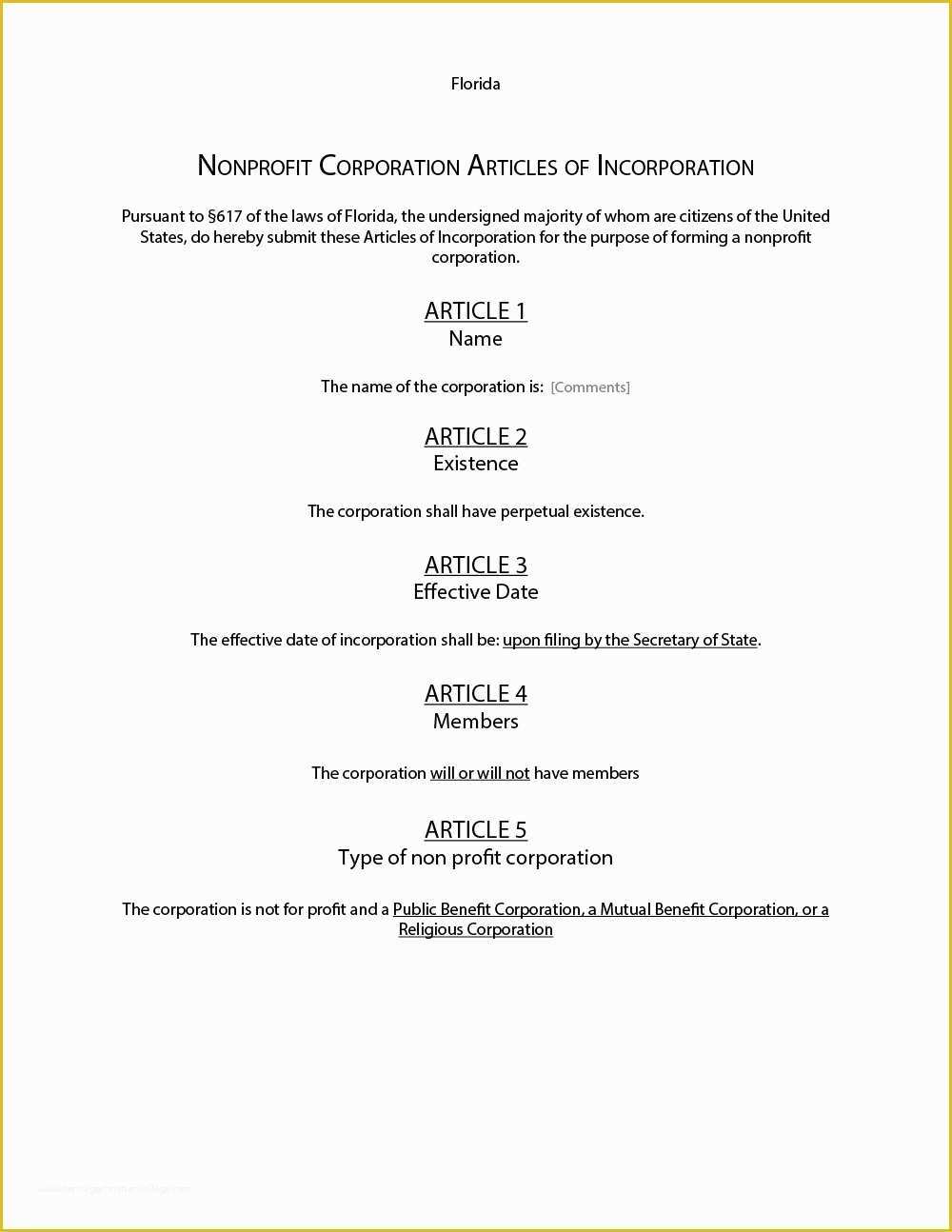 Articles Of organization Template Free Of Articles Of Incorporation – Free Sample Template form