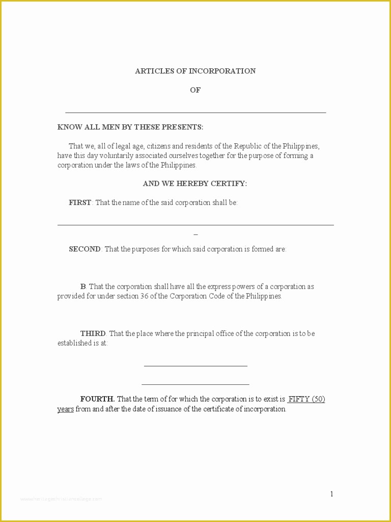 Articles Of organization Template Free Of Articles Of Incorporation Template 6 Free Templates In