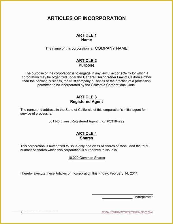 Articles Of organization Template Free Of Free California Articles Of Incorporation Template