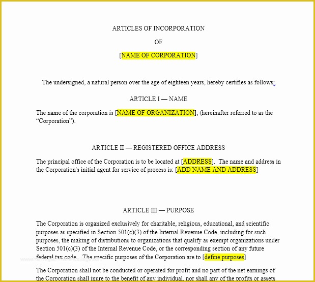 Articles Of organization Template Free Of Nonprofit Articles Of Incorporation