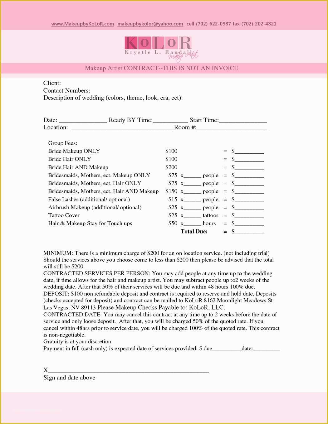 Artist Booking form Template Free Of Makeup Artist Contract Template Free Templates Resume