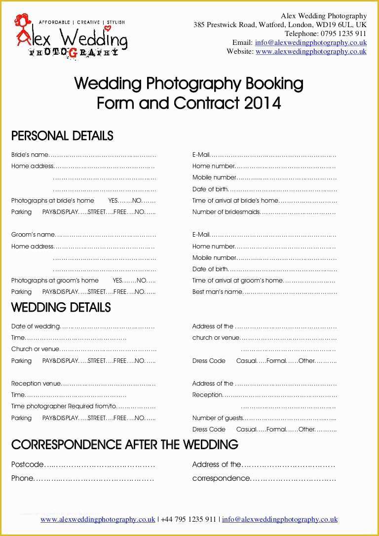 Artist Booking form Template Free Of Wedding Graphy Booking form and Contract 2014