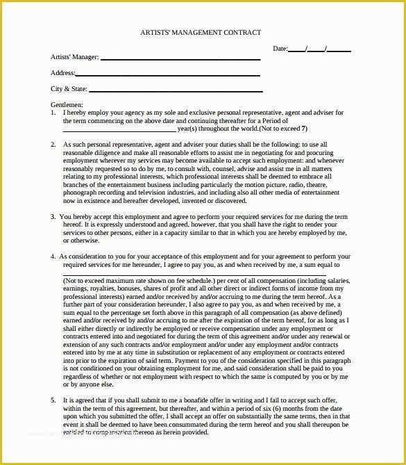 Artist Management Contract Template Free Download Of 10 Artist Management Contract Templates to Download for