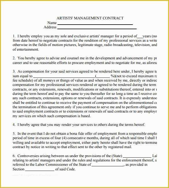 Artist Management Contract Template Free Download Of 5 Artist Management Contract Templates – Free Pdf Word