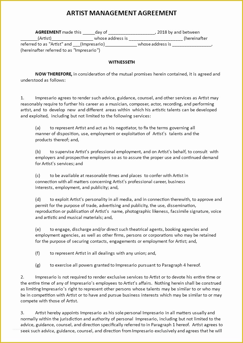 Artist Management Contract Template Free Download Of Free Artist Management Agreement