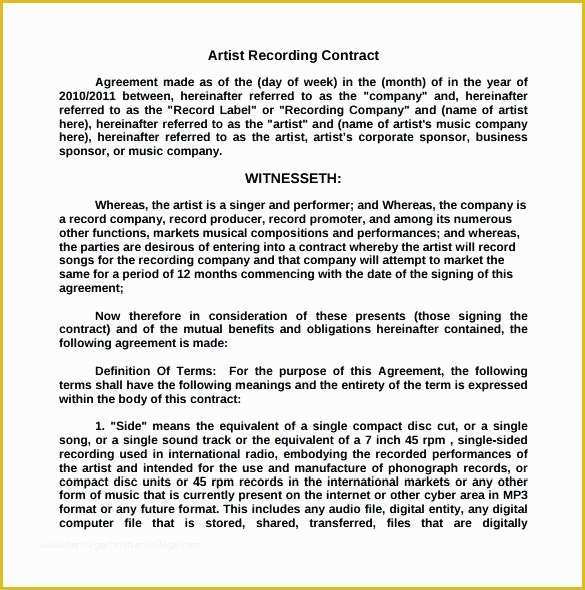 Artist Management Contract Template Free Download Of Recording Contract Template 9 Download Free Documents In