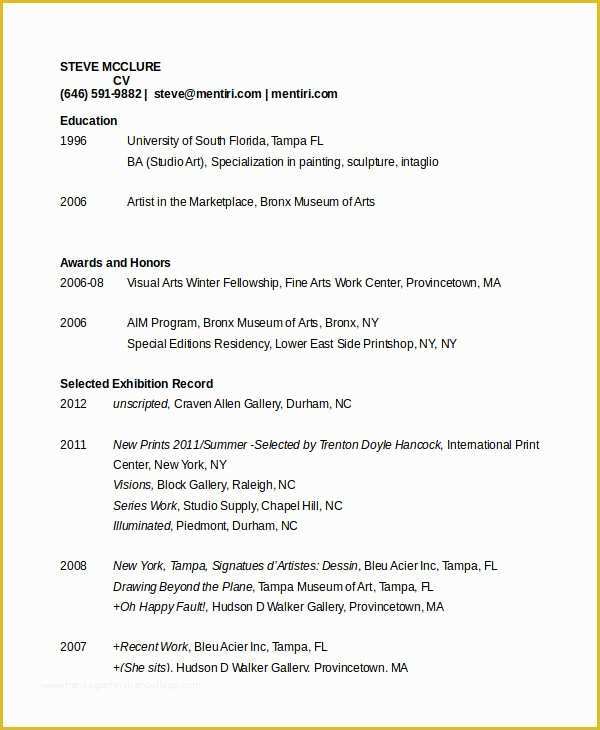 Artist Resume Template Free Of 35 Sample Cv Templates Pdf Doc