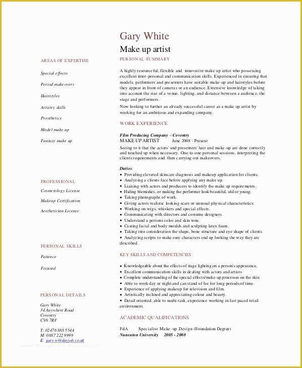 Artist Resume Template Free Of 5 Makeup Artist Resume Templates Pdf Doc