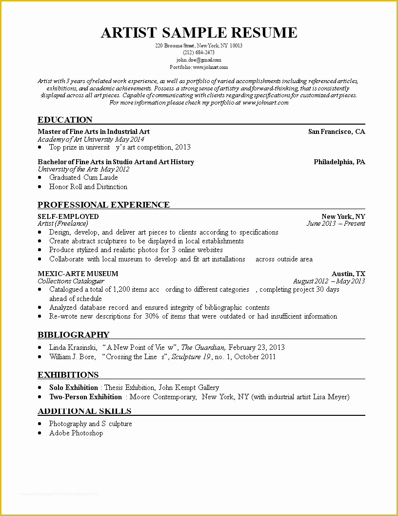 Artist Resume Template Free Of Free Artist Resume Sample