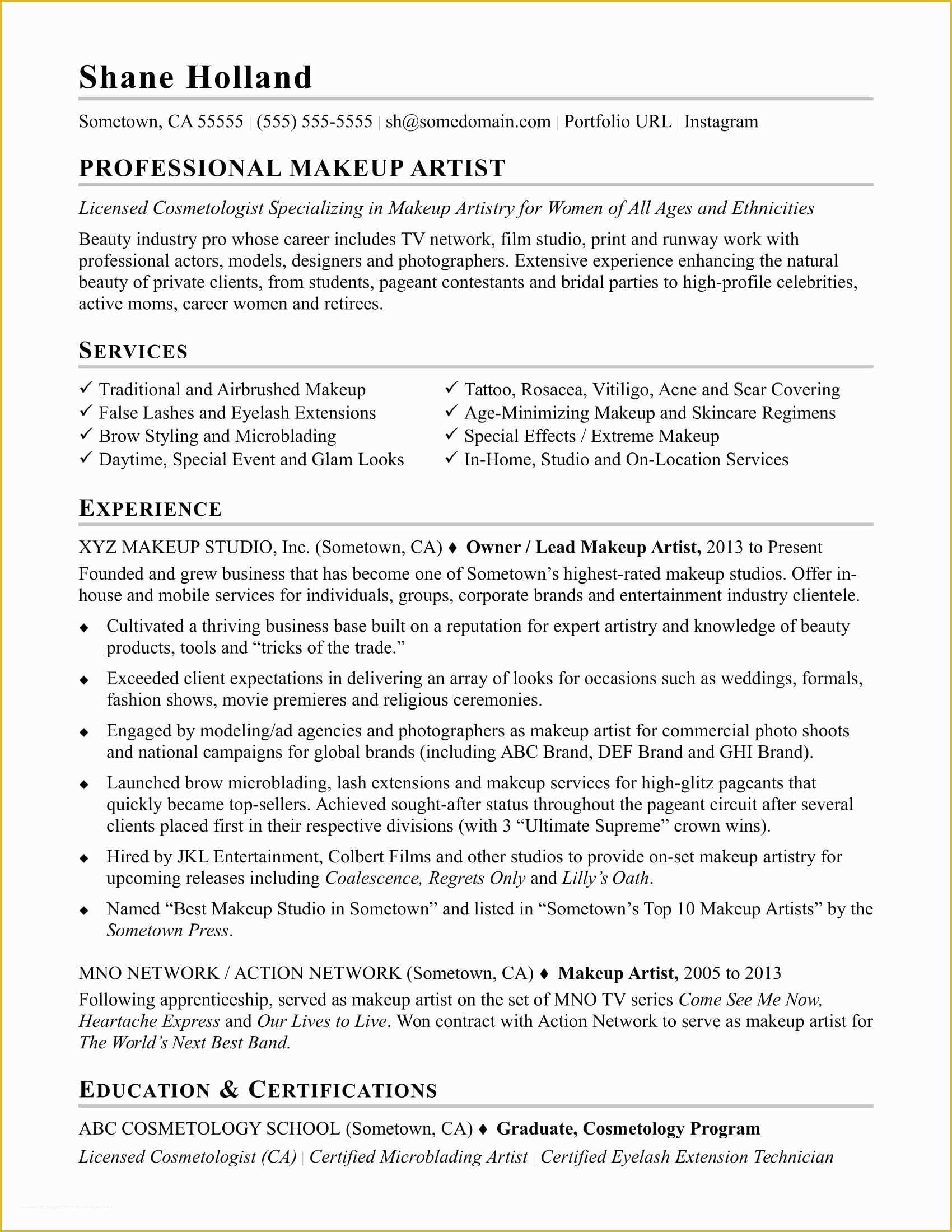 Artist Resume Template Free Of Makeup Artist Resume Sample