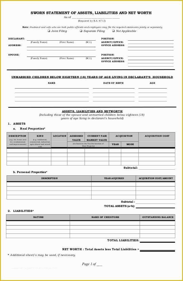 Assets and Liabilities Template Free Download Of Saln2012 form