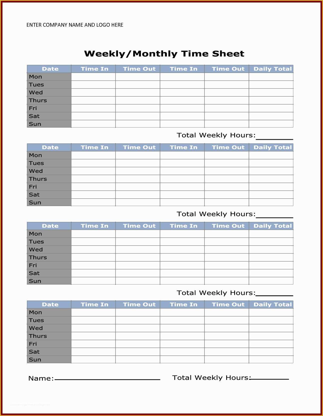 Attorney Timesheet Template Free Of Weekly Monthly Timesheet Template