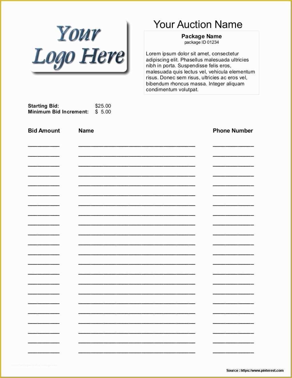 Auction Catalog Template Free Of Silent Auction Bidding form Template form Resume