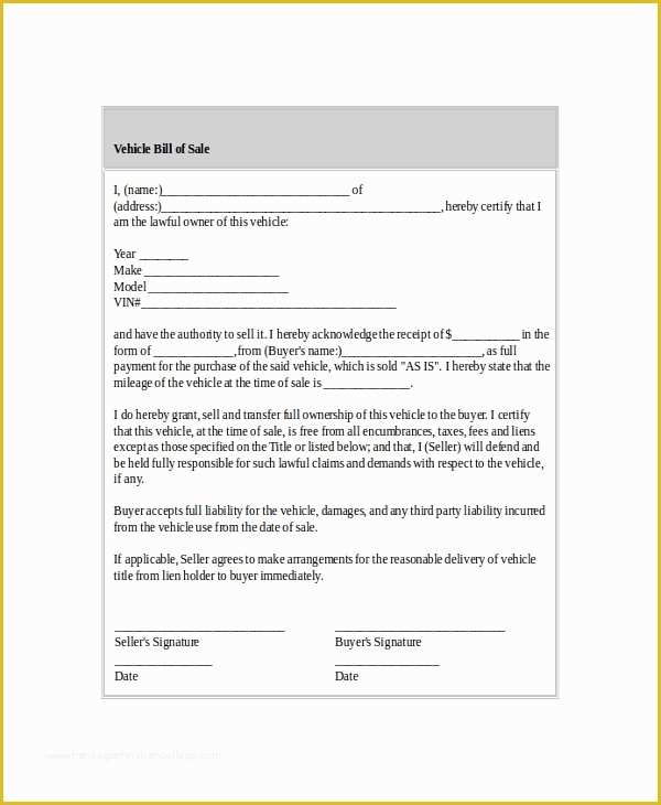 Auto Bill Of Sale Template Free Of Auto Bill Sale 8 Free Word Pdf Documents Download