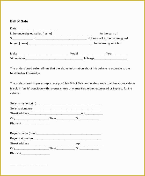 Auto Bill Of Sale Template Free Of Auto Bill Sale 8 Free Word Pdf Documents Download