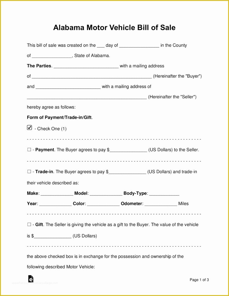 Auto Bill Of Sale Template Free Of Free Alabama Bill Of Sale forms Pdf Word