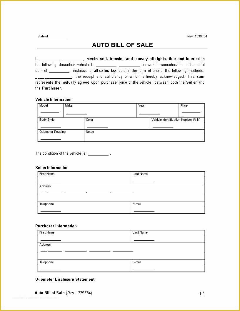 Auto Bill Of Sale Template Free Of Free Automobile Bill Sale