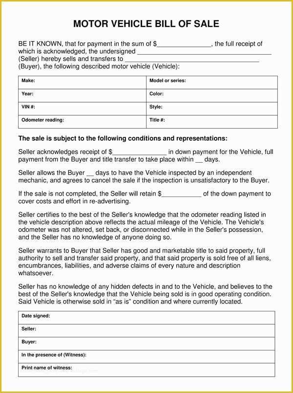 Auto Bill Of Sale Template Free Of Motor Vehicle Bill Sale Template