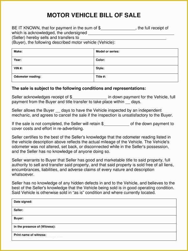 Auto Bill Of Sale Template Free Of Motor Vehicle Bill Sale Template