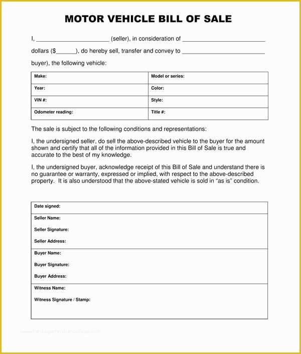 Auto Bill Of Sale Template Free Of Motor Vehicle Bill Sale Template