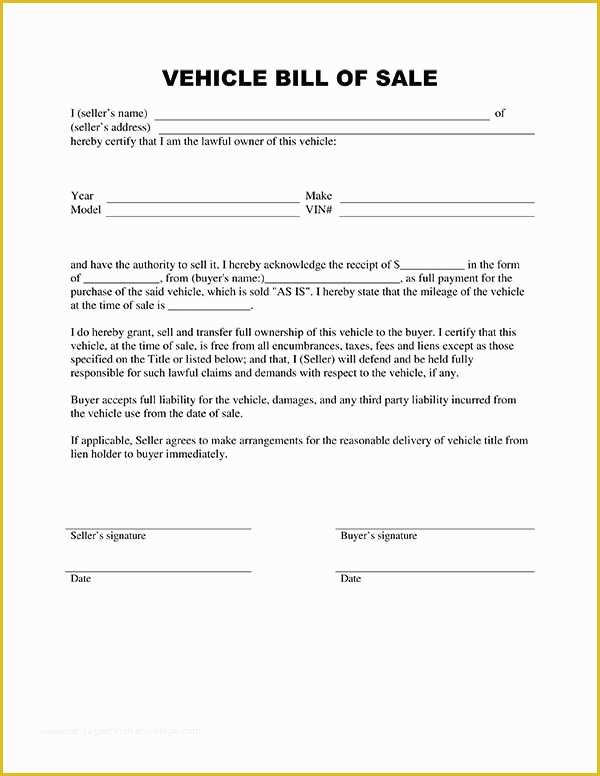 Auto Bill Of Sale Template Free Of Printable Sample Vehicle Bill Of Sale Template form