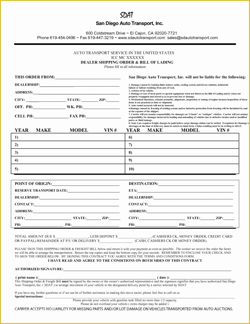 Auto Transport Bill Of Lading Template Free Of Bill Lading form Free Mughals