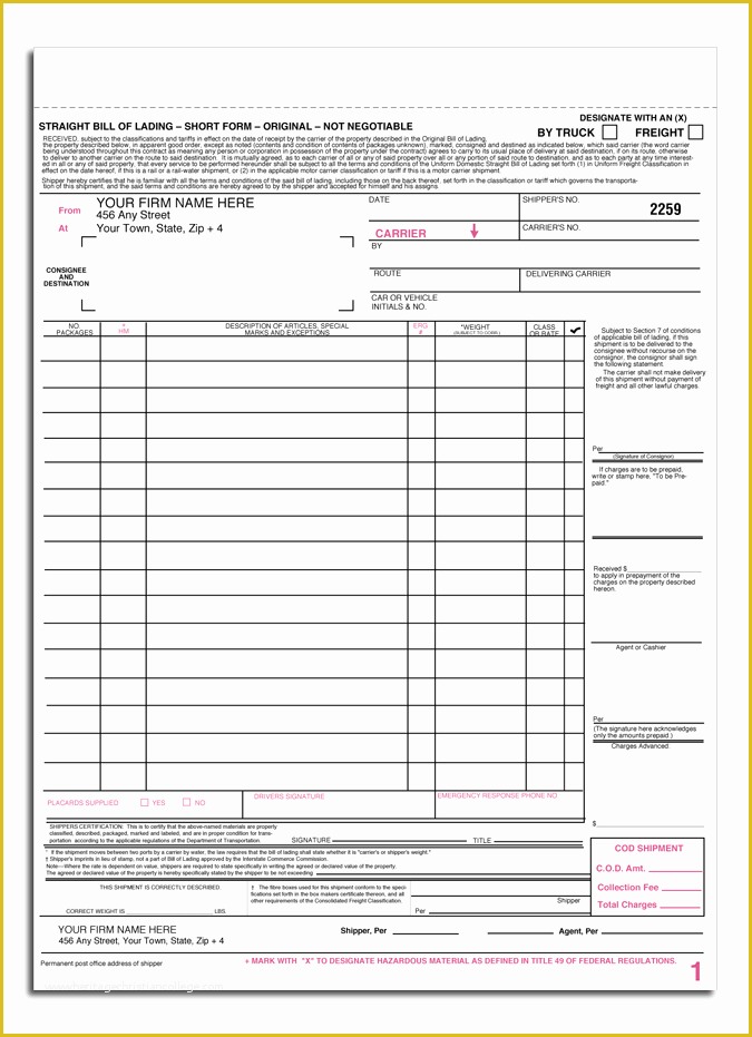 Auto Transport Bill Of Lading Template Free Of Blank Bill Lading