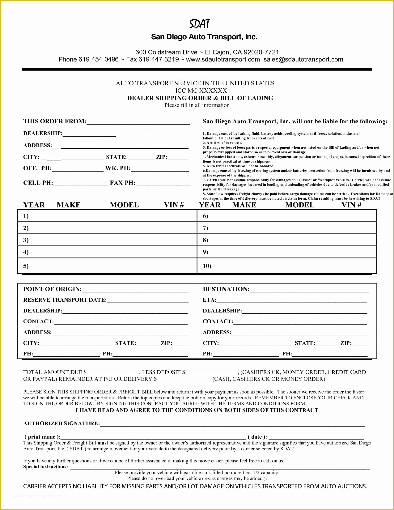 Auto Transport Bill Of Lading Template Free Of Download Free Bill Lading form Auto Transport Download