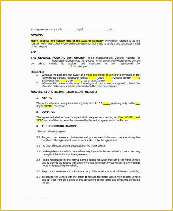 Automobile Lease Agreement Template Free Of 10 Sample Vehicle Lease Templates Pages Docs