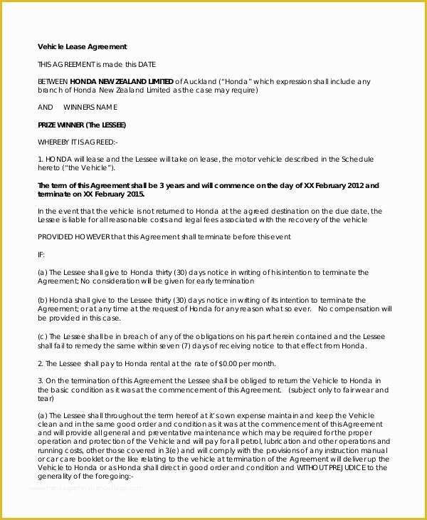 Automobile Lease Agreement Template Free Of 12 Vehicle Lease Agreement Templates Docs Word