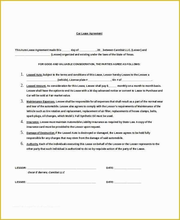 Automobile Lease Agreement Template Free Of 20 Rental Lease Agreement Free Word Pdf format