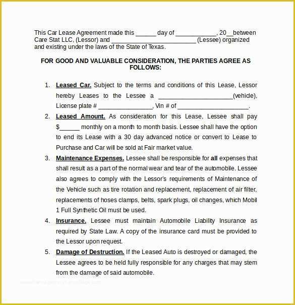 Automobile Lease Agreement Template Free Of 8 Car Lease Agreement Templates – Samples Examples