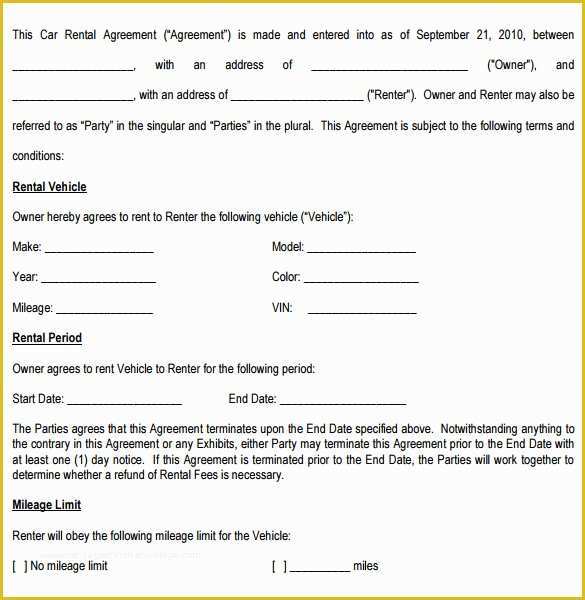 Automobile Lease Agreement Template Free Of Sample Car Rental Agreement 12 Documents In Pdf Word