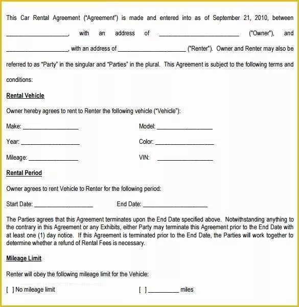 Automobile Lease Agreement Template Free Of Sample Car Rental Agreement 12 Documents In Pdf Word