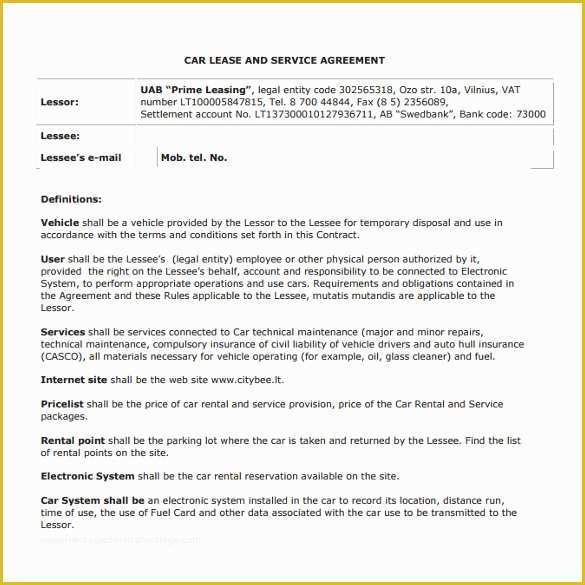 Automobile Lease Agreement Template Free Of Sample Vehicle Lease Agreement Template 12 Free