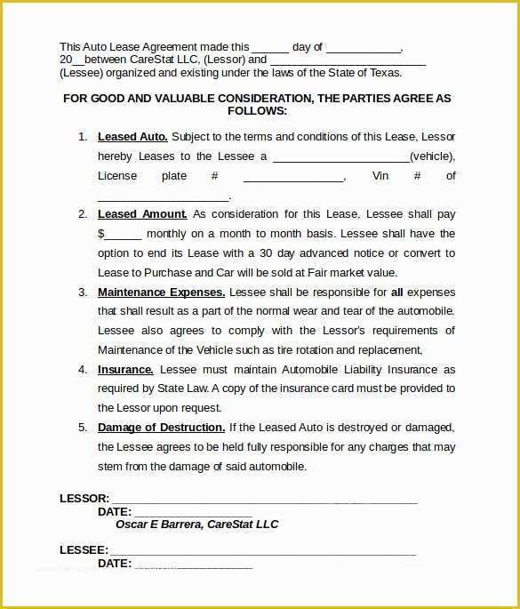 Automobile Lease Agreement Template Free Of Vehicle Lease Agreement Templates 7 Download Free