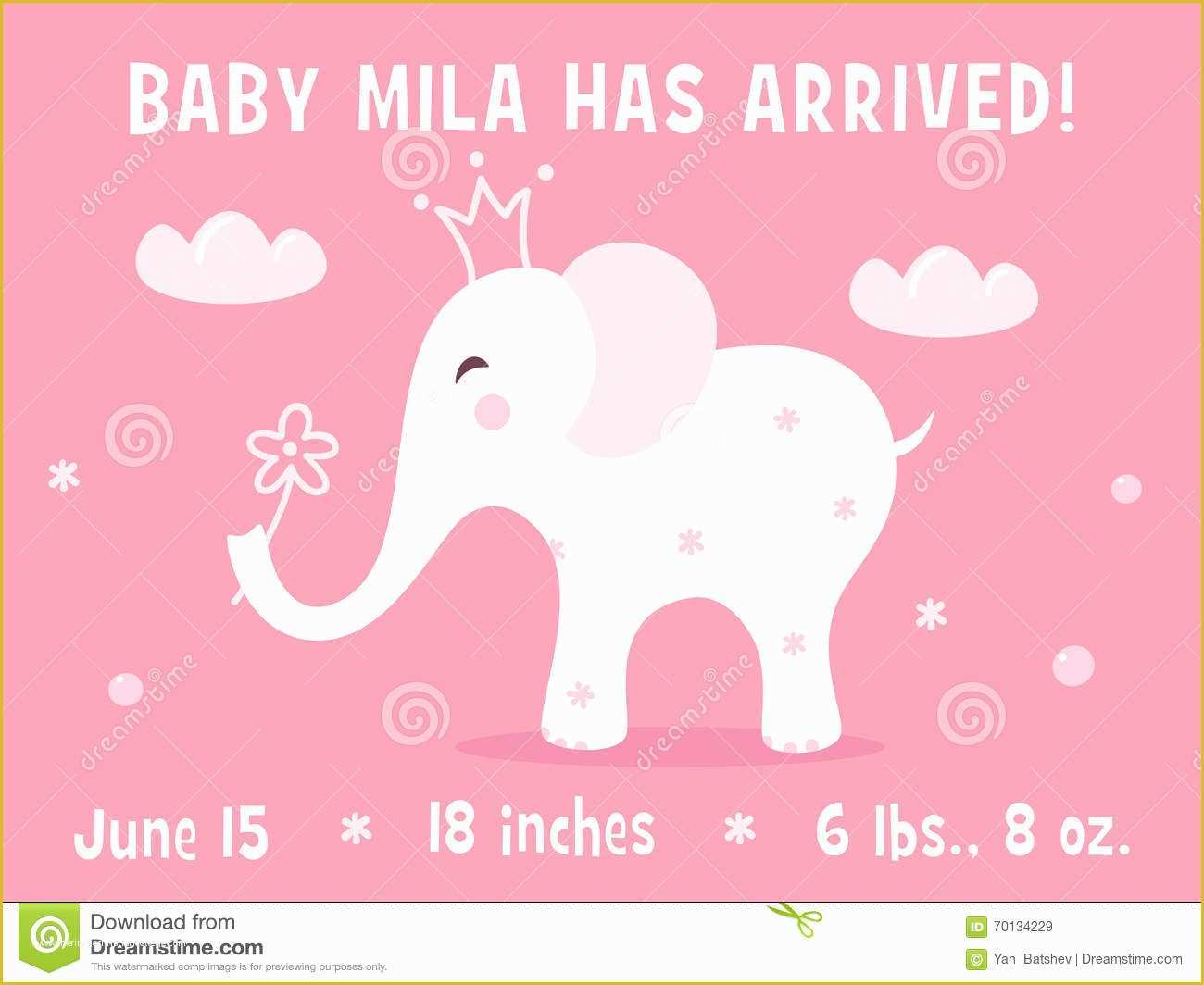 Baby Announcement Cards Free Template Of Elephant and Clouds Baby Girl Birth Announcement Card