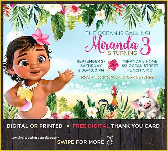 Baby Moana Invitation Template Free Of Baby Moana Birthday Invitation and Thank You Moana