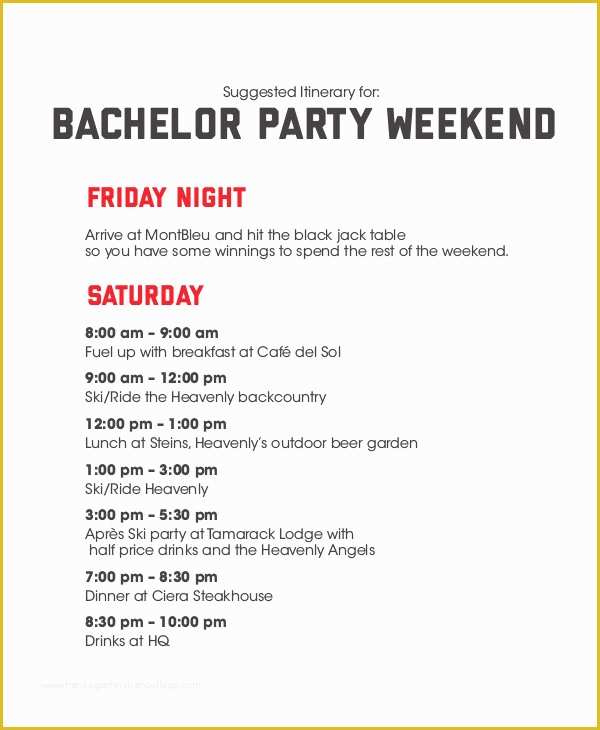 Bachelorette Party Agenda Template Free Of Weekend Itinerary Template 6 Free Pdf Documents