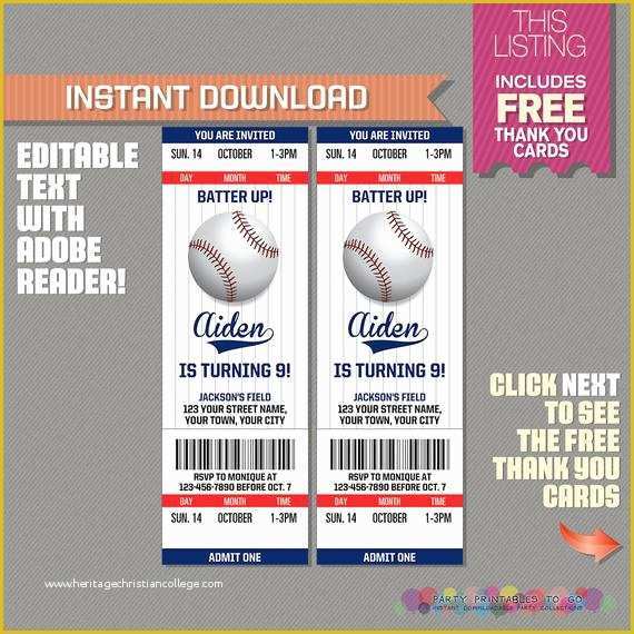 Baseball Ticket Invitation Template Free Of Baseball Ticket Invitation with Free Thank You Card