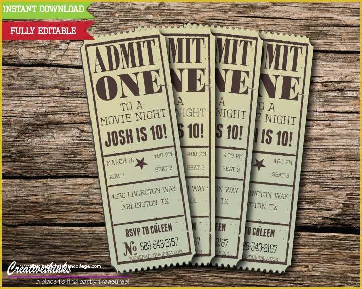 Baseball Ticket Template Free Download Of Editable Vintage Movie Ticket Invitation Digital File