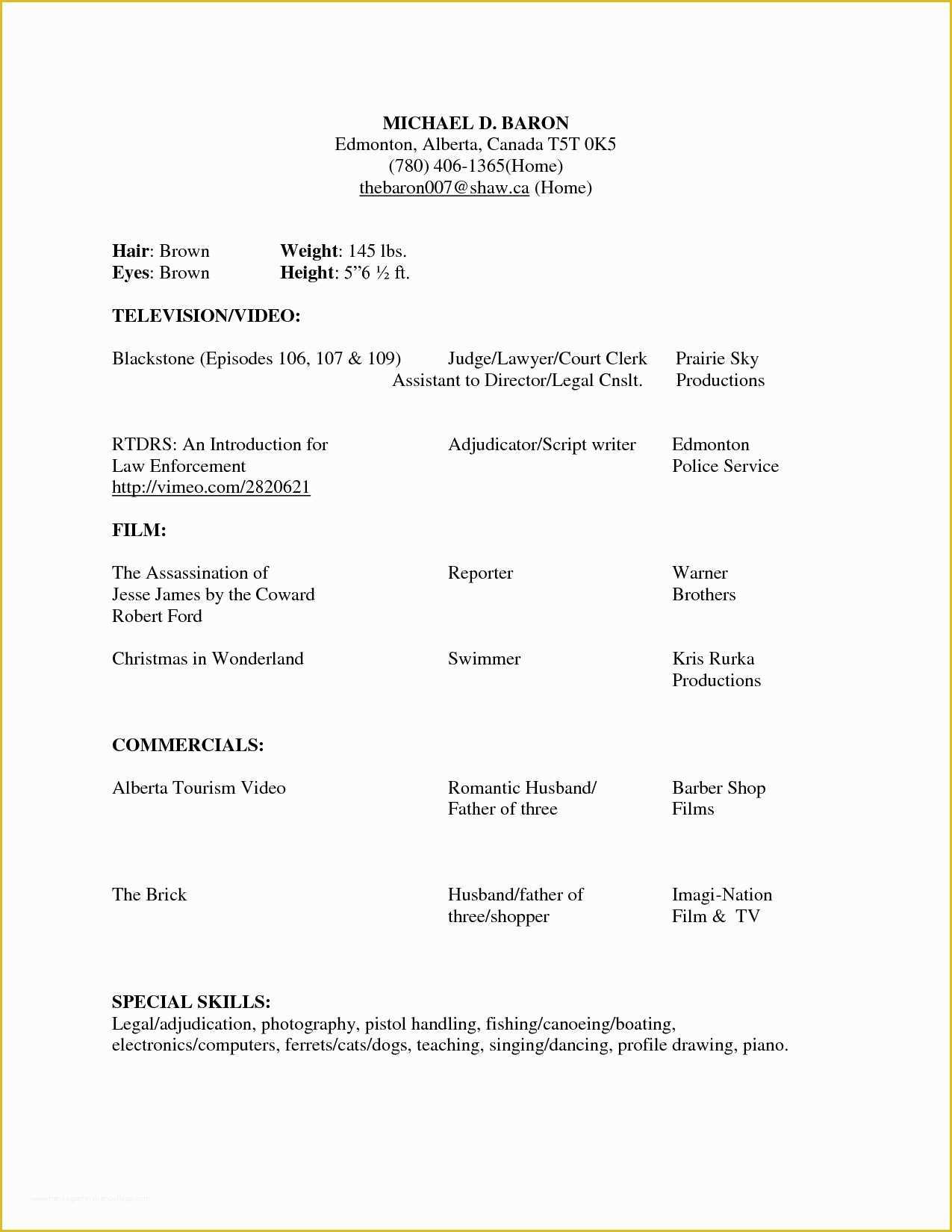 Beginner Resume Templates Free Of Beginner Acting Resume Sample Beginner Acting Resume