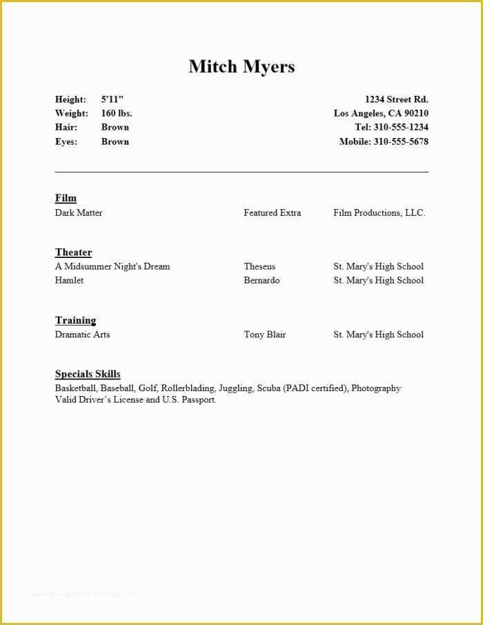 Beginner Resume Templates Free Of Beginner Acting Resume Template Word Templates Resume