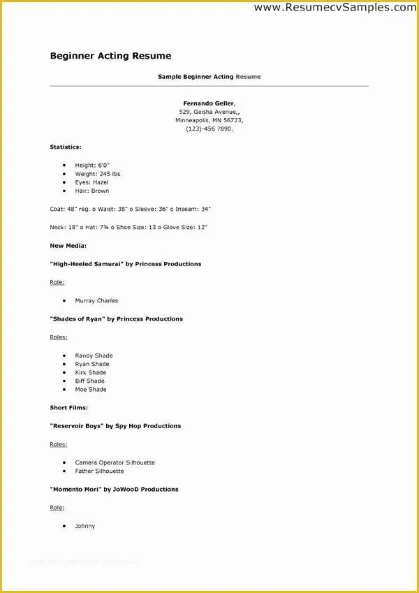 Beginner Resume Templates Free Of Beginning Actor Resume Sample