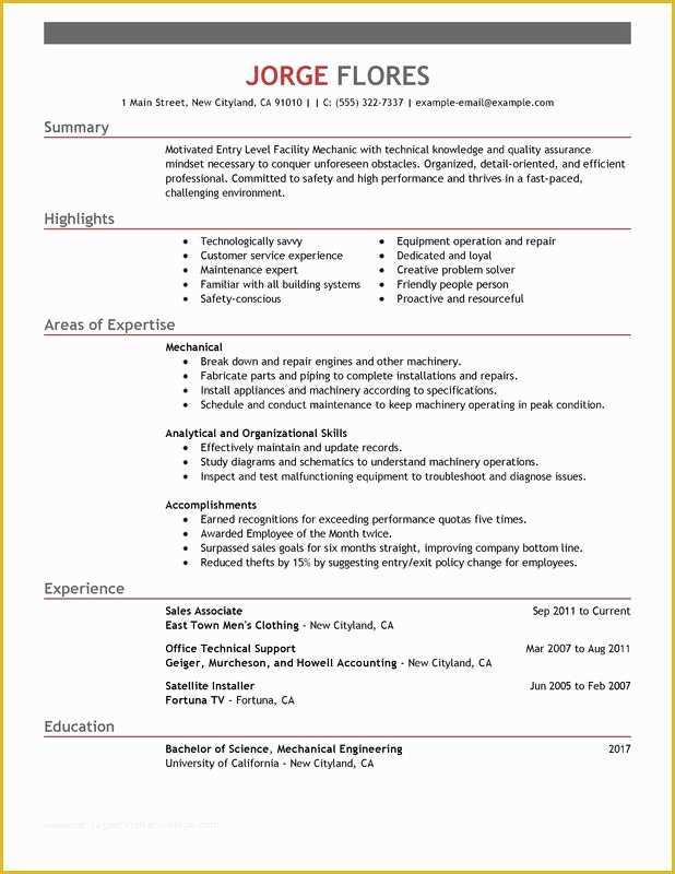 Beginner Resume Templates Free Of Unfor Table Entry Level Mechanic Resume Examples to
