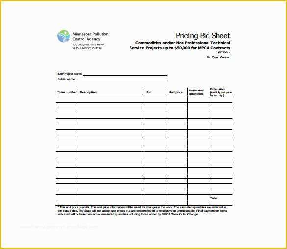 Bid form Template Free Of Bid Sheet Template 10 Free Word Pdf Documents